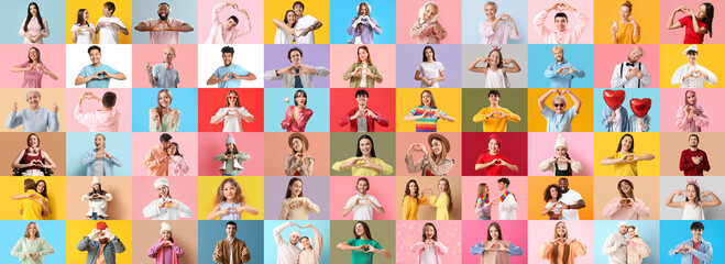 Set of people making heart shape on color background