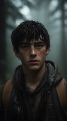 Fototapeta premium Close-Up Portrait of a Young Man in Soft Natural Light, Expressing Deep Emotions, Thoughtfulness, and Introspection in a Cinematic and Artistic Style