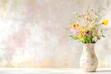 Renaissance vase with flowers displaying colorful bouquet on table