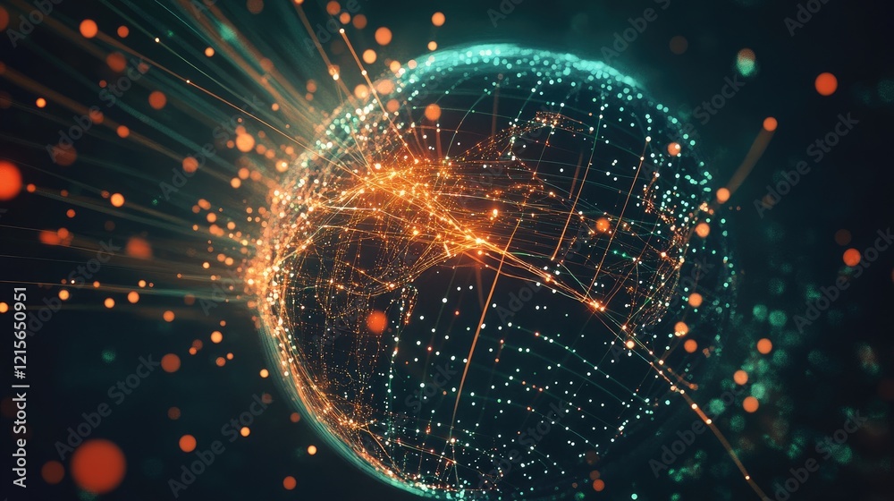 Poster a conceptual image of a globe with interconnected digital lines and nodes, representing a global dig