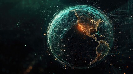 Obraz premium A conceptual image of a globe with interconnected digital lines and nodes, representing a global digital network, with glowing points showing connectivity across the world.