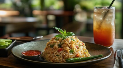 A cozy dining table set with a plate of Thai basil fried rice, accompanied by a side of spicy chili sauce and a refreshing drink, creating a warm and inviting atmosphere for a meal.