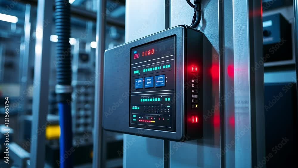 Poster modern control panel monitoring production process with real time data and key performance indicator