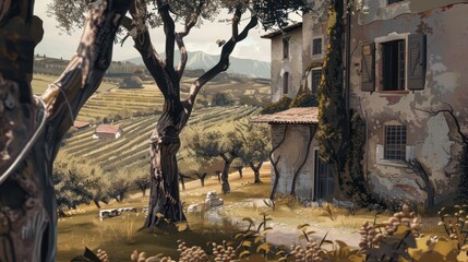 Italian countryside with vineyards, olive trees, and a rustic farmhouse. Weathered stone fa&ccedil;ade and wooden shutters complete the peaceful rural landscape.