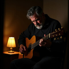 Obraz premium A man cradles a weathered, acoustic guitar, his fingers press down on the fretboard, coaxing out melancholic chords that resonate with a sadness born of memories