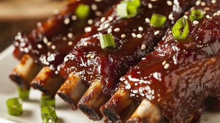 A detailed close-up of glazed pork ribs with a rich barbecue sauce, garnished with chopped green onions and sesame seeds, set on a white plate.