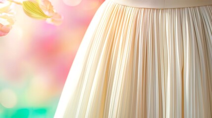 Close-up of pleated beige fabric, soft focus floral background.
