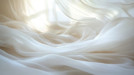 Fototapeta premium Delicate white fabric flows and twirls in soft sunlight, creating a sense of graceful movement and serene elegance in a tranquil space.