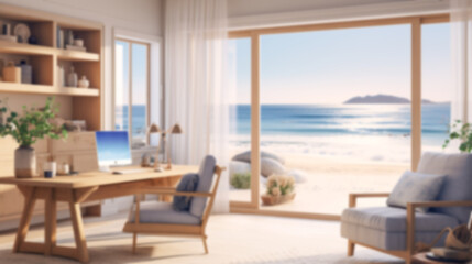 Naklejka premium Blurred coastal office retreat with large windows offering a sea view, perfect for Zoom or Google Meet background featuring a modern workspace.