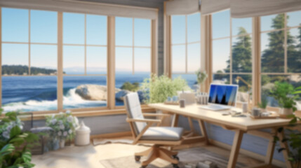 Obraz premium Blurred coastal office retreat with large windows offering a sea view, perfect for Zoom or Google Meet background featuring a modern workspace.