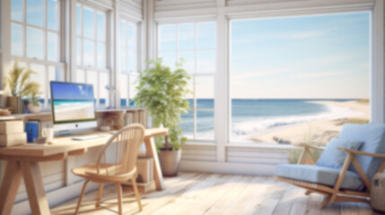 Naklejka premium Blurred coastal office retreat with large windows offering a sea view, perfect for Zoom or Google Meet background featuring a modern workspace.