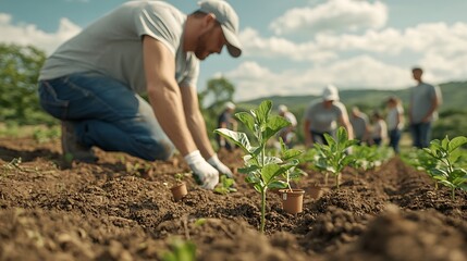 Volunteers planting saplings, sunny field, community project, environmental initiative