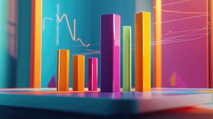 Fototapeta premium A dynamic D bar graph with vibrant colors representing different financial metrics, rising from a sleek platform, with lines and numbers floating in the background.