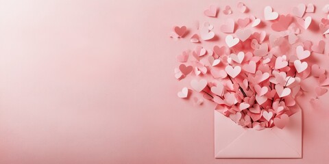 Obraz premium A pastel pink background with an envelope and paper hearts in shades of red, white, or cream. The design is minimalistic for Valentine's Day cards