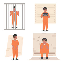Criminal in orange uniform. Arrest, tribunal and imprisonment. set For posters and banners vector illustration