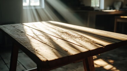 Rays of sunlight illuminate dust particles floating above a worn wooden table, creating a serene and contemplative moment.