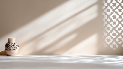 Beige vase with patterned shadow on wall.