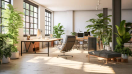 Blurred coastal office retreat with large windows offering a sea view, perfect for Zoom or Google Meet background featuring a modern workspace.

