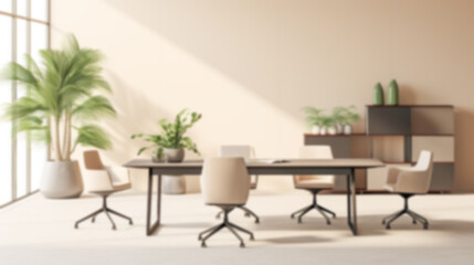 Blurred coastal office retreat with large windows offering a sea view, perfect for Zoom or Google Meet background featuring a modern workspace.

