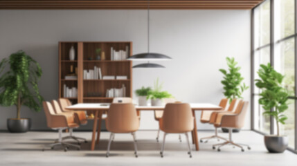 Obraz premium Blurred coastal office retreat with large windows offering a sea view, perfect for Zoom or Google Meet background featuring a modern workspace.