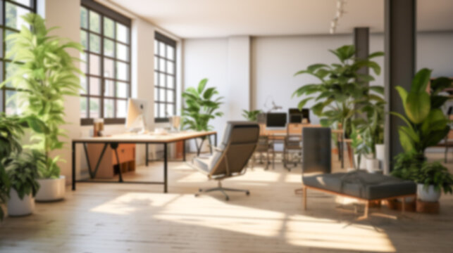 Blurred coastal office retreat with large windows offering a sea view, perfect for Zoom or Google Meet background featuring a modern workspace.

