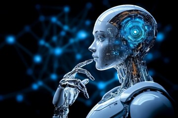 Futuristic female robot with digital circuitry contemplating advanced technology