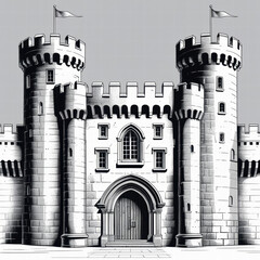 Obraz premium A detailed black and white illustration of a medieval castle, showcasing a classic architectural style