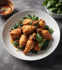 Fototapeta premium A bowl of steaming hot spicy fried chicken garnished with a sprig of fragrant Thai basil leaves, served on a minimalist white plate , comfort food, herbal garnish, fried chicken