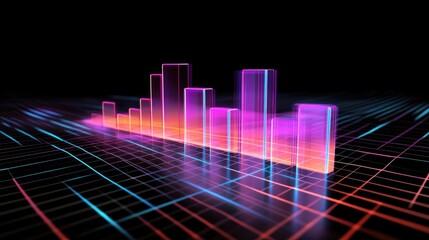 Naklejka premium A futuristic D bar chart with glowing, transparent bars representing financial data, rising from a digital grid, showing trends and analytics in a high-tech environment.