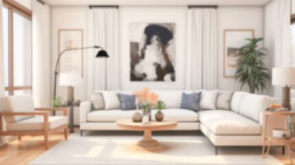 Blurred coastal office retreat with large windows offering a sea view, perfect for Zoom or Google Meet background featuring a modern workspace.

