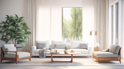 Blurred coastal office retreat with large windows offering a sea view, perfect for Zoom or Google Meet background featuring a modern workspace.

