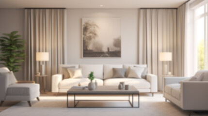 Blurred coastal office retreat with large windows offering a sea view, perfect for Zoom or Google Meet background featuring a modern workspace.


