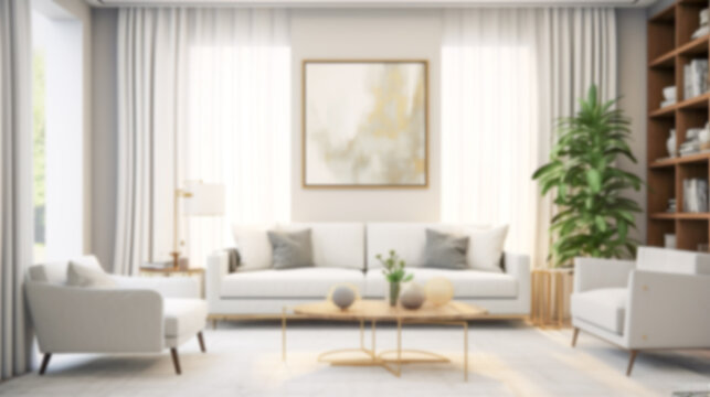 Blurred coastal office retreat with large windows offering a sea view, perfect for Zoom or Google Meet background featuring a modern workspace.

