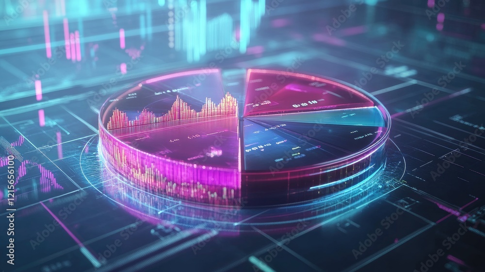 Poster a futuristic d pie chart with segmented pieces, each representing a different percentage of data, fl