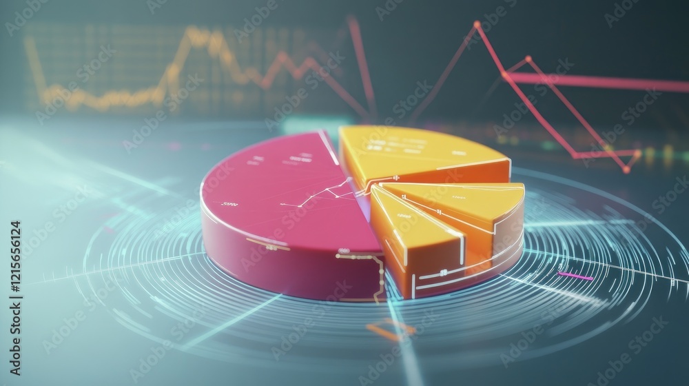 Poster a futuristic d pie chart with segmented pieces, each representing a different percentage of data, fl
