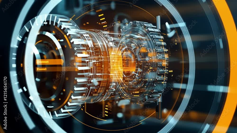 Poster futuristic engine rotating with a complex mechanism, emitting a vibrant orange light while generatin
