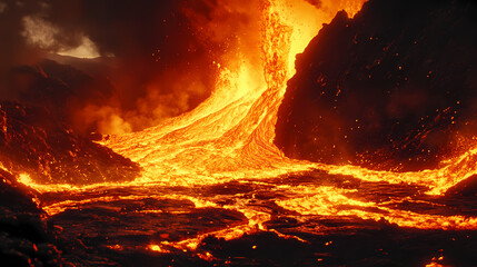 Majestic volcanic eruption: a breathtaking view of a volcano's fiery power. Lava Flow. Illustration
