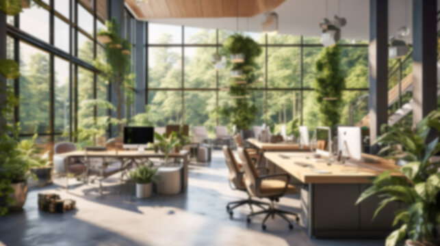Blurred coastal office retreat with large windows offering a sea view, perfect for Zoom or Google Meet background featuring a modern workspace.

