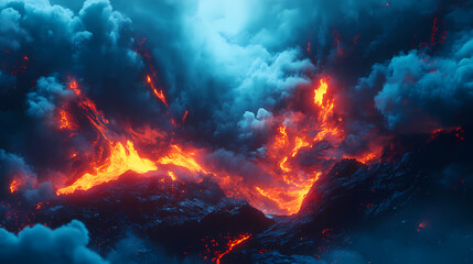 Spectacular volcanic eruption with burning lava and smoke. Lava Flow. Illustration