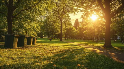 Tranquil Sunset in a Lush Park Setting Offering Natural Beauty with Green Grass, Sunlight, Trees, and Waste Bins for Urban Cleanliness and Sustainability