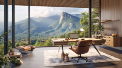 Blurred coastal office retreat with large windows offering a sea view, perfect for Zoom or Google Meet background featuring a modern workspace.

