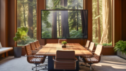 Blurred coastal office retreat with large windows offering a sea view, perfect for Zoom or Google Meet background featuring a modern workspace.

