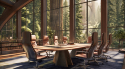 Obraz premium Blurred coastal office retreat with large windows offering a sea view, perfect for Zoom or Google Meet background featuring a modern workspace.