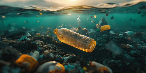 Pollution awareness campaign underwater environment digital art ocean depths surreal view impact of plastic waste on marine life