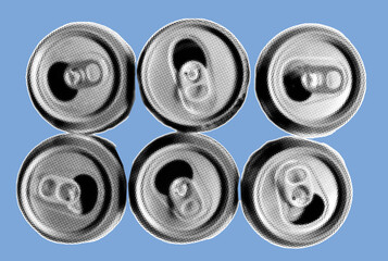 Group of empty drink cans pixelate grayscale color halftone dotted texture style collage element isolated on blue background. Top view.