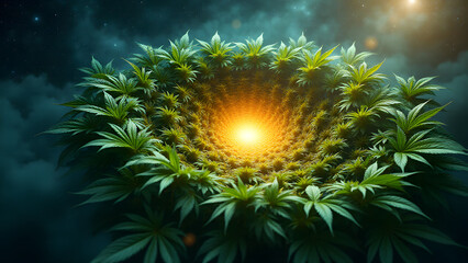 Fototapeta premium An infinite spiral of marijuana leaves leading to a glowing universe center, surrounded by colorful galaxies and cosmic nebulas in a surreal cosmic scene.