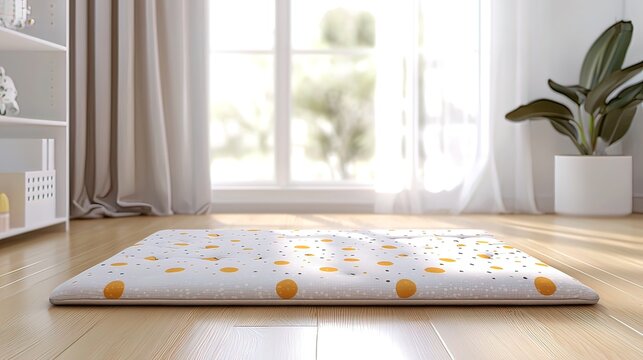 White and orange polka dot rug on light wood floor in bright room. - Powered by Adobe