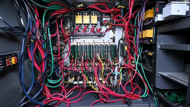 Intricate network of colorful wires and cables connecting various electronic components and modules within an industrial control panel, showcasing the complexity of modern electrical systems