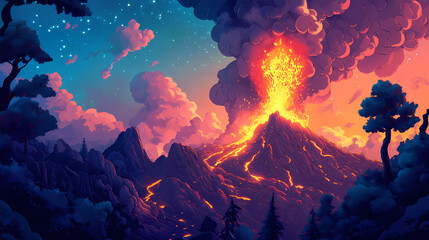 Erupting volcano, illustration. Lava Flow. Illustration