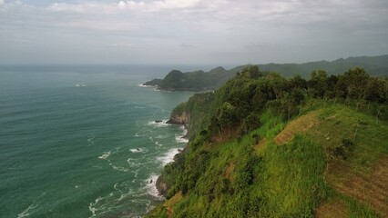 Aerial drone view of coastline with hills and trees, as well as view of coral cliffs and sea with waves from the ocean in Jerit Hill Beach Kebumen Central Java Indonesia
